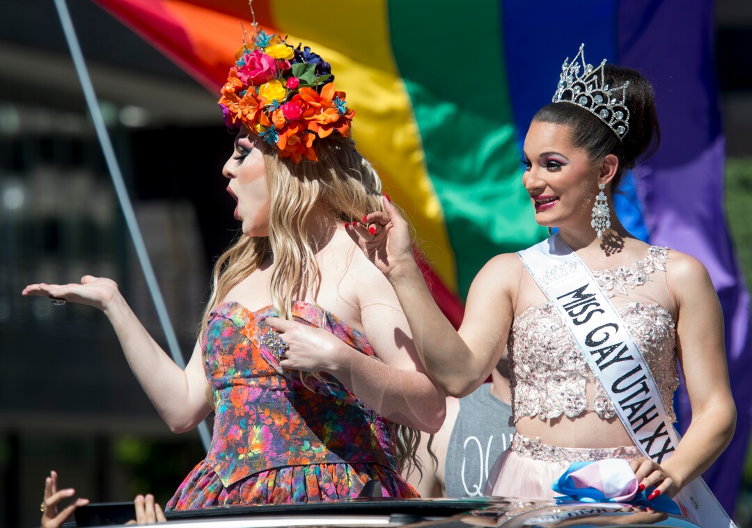 (Rick Egan  |  The Salt Lake Tribune)    London and Savannah ride in a truck in the Utah Pride Parade heads east on 200 South, in Salt Lake City, Sunday, June 3, 2018.