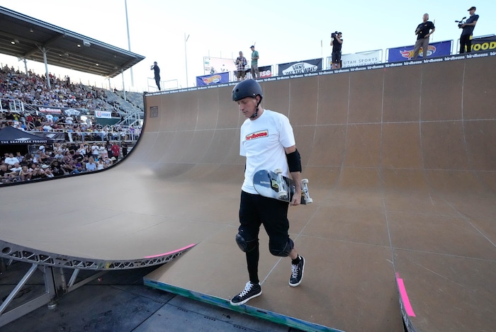 (Francisco Kjolseth | The Salt Lake Tribune) Iconic skateboarder Tony Hawk exits the ramp following a round to skate in public for the first, and possibly last, time since breaking his femur in March during the “Legends Demo” at his Tony Hawk Vert Alert big-air skateboarding competition at the Utah Sate Fairpark on Friday, Aug. 26, 2022. 