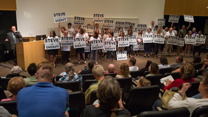 (Rick Egan  |  The Salt Lake Tribune)  
Finalist Steve Anjewierden gives a second speech Saturday, Aug. 12, 2017, before the final vote for the Salt Lake County sheriff.