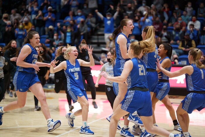 (Trent Nelson  |  The Salt Lake Tribune) Fremont players celebrate after defeating Herriman High School in the 6A girls basketball state championship game, in Taylorsville on Saturday, March 6, 2021.