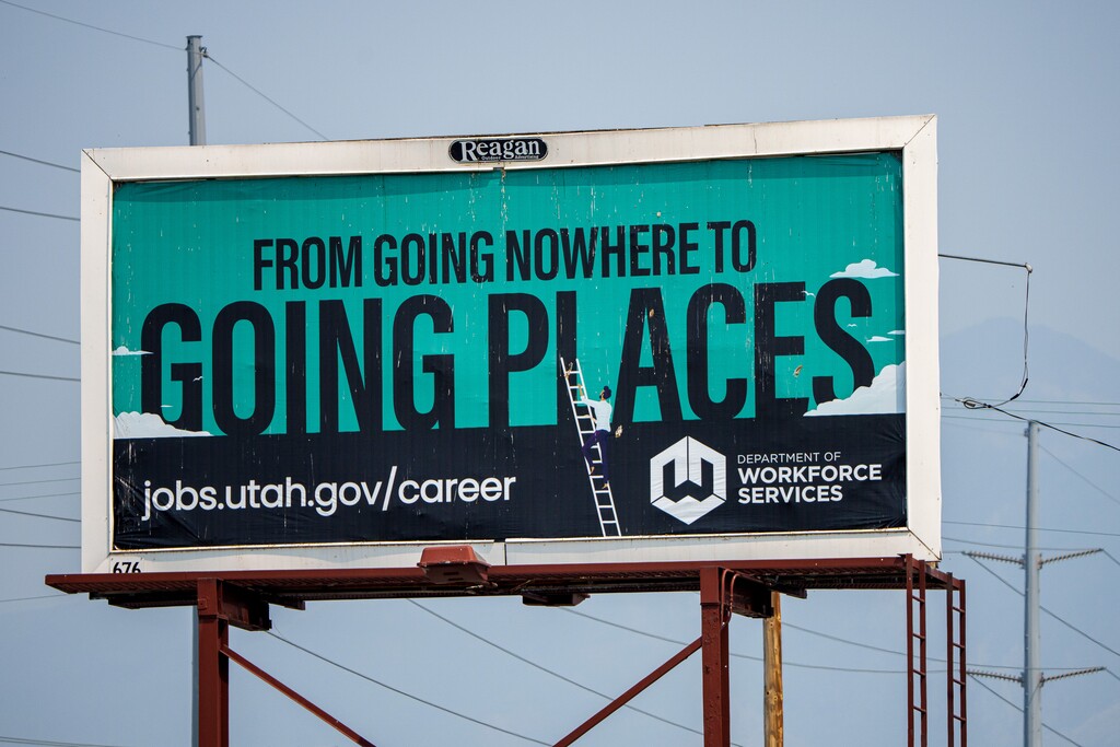 (Trent Nelson  |  The Salt Lake Tribune) A Salt Lake City billboard about employment, as seen Aug. 16, 2021. Utah's jobless rate fell to a historic low of 1.9% in December, its lowest level ever.