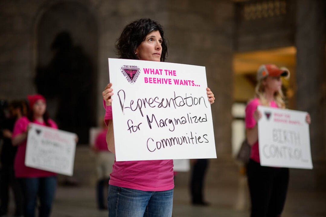 (Trent Nelson | The Salt Lake Tribune)  Christy Clay and other supporters of Planned Parenthood Association of Utah gathered in a silent protest in the Utah State Capitol Rotunda Friday March 1, 2019, while a 12-foot birdhouse art installation broadcast statements from Utah constituents.