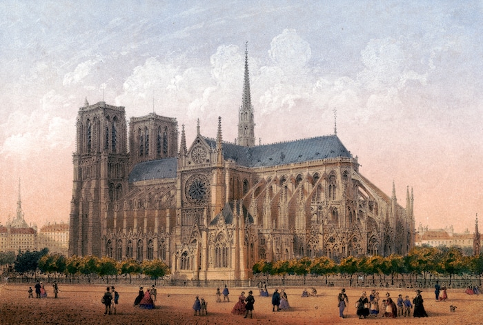 (Image courtesy Library of Congress) This print from the 1870s shows Notre Dame Cathedral in Paris.