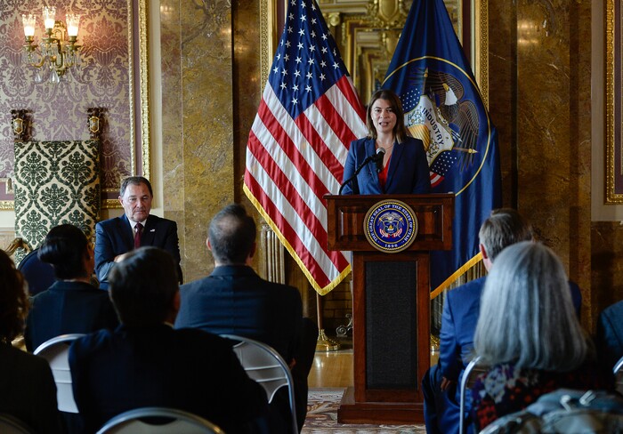 (Francisco Kjolseth  |  The Salt Lake Tribune)  Third District Judge Paige Petersen is appointed by Gov. Gary Herbert to the Utah Supreme Court during an announcement in the Gold Room of the Utah Capitol on Tuesday, Nov. 31, 2017. If confirmed by the state senate, Petersen will take the place of Christine Durham, who is the only female justice on the Utah Supreme Court.
