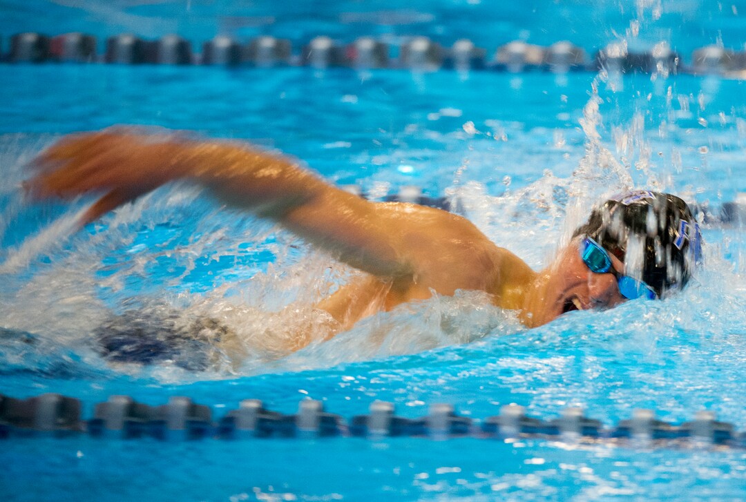 (Rick Egan  |  The Salt Lake Tribune)    Pleasant Grove Swimmer, Devin Bunnell swims to first place in the Men's 500 Yard Freestyle, in 6A State Swimming Championships in Bountiful, Friday, February 9, 2018.