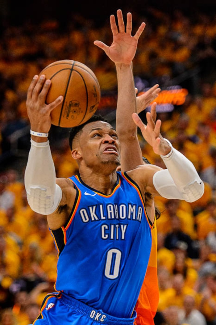 (Trent Nelson | The Salt Lake Tribune)  
Utah Jazz host the Oklahoma City Thunder, Game 3, NBA playoff basketball in Salt Lake City, Saturday April 21, 2018. Oklahoma City Thunder guard Russell Westbrook (0).