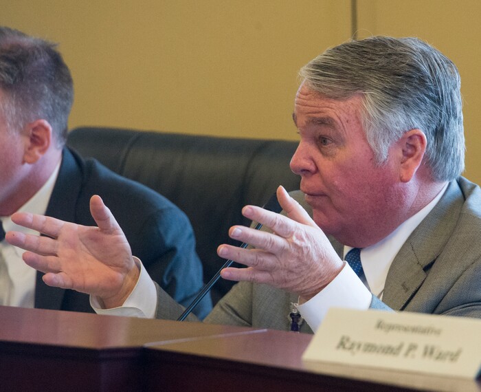 (Rick Egan  |  The Salt Lake Tribune)     Rep. Dixon M. Pitcher asks Rep. Brian Greene questions about HB 185, in a committee meeting, Friday, January 26, 2018.


