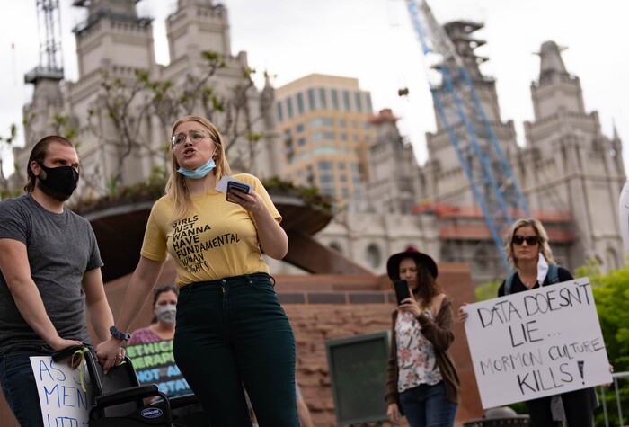(Francisco Kjolseth | The Salt Lake Tribune) Lauren Rogers leads dozens of protesters as they petition the First Presidency to repeal the excommunication of Natasha Helfer, a sex therapist who lost her membership in The Church of Jesus Christ of Latter-day Saints. "Out of respect for Natasha, this is a protest against the decision of the council, not a protest against the Church,” as they gathered outside the Church offices in a peaceful protest on Friday, May 7, 2021.