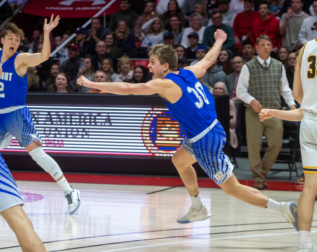 (Rick Egan  |  The Salt Lake Tribune)    Fremont Silverwolves Dallin Hall (30),Celebrates the Fremonts win over the Davis Darts, in the 6A championship game at the Jon M. Huntsman Center, Saturday Feb. 29, 2020