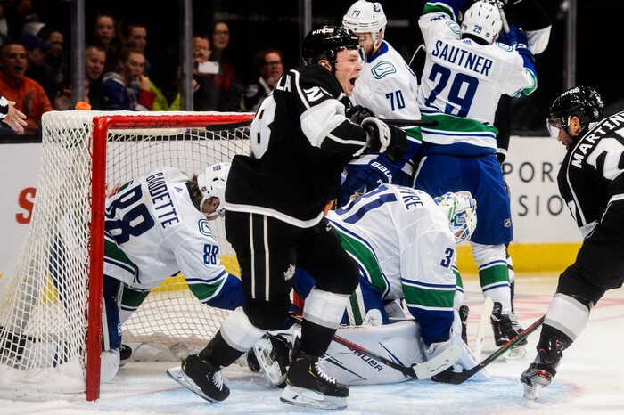 (Trent Nelson  |  The Salt Lake Tribune)  Los Angeles Kings center Jaret Anderson-Dolan (28) celebrates a goal as the Los Angeles Kings face the Vancouver Canucks, NHL hocket in Salt Lake City on Saturday Sept. 21, 2019.
