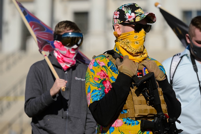 (Trent Nelson | The Salt Lake Tribune) Members of the Bois of Liberty at the state Capitol in Salt Lake City on Sunday, Jan. 17, 2021.