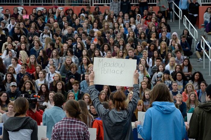 Scott Sommerdorf | The Salt Lake Tribune
Brighton High students held up signs with names on both sides as the names of each of the 17 students and staff killed at Marjory Stoneman Douglas High School, were read aloud during their walkout at Brighton High School, Wednesday, March 14, 2018.
