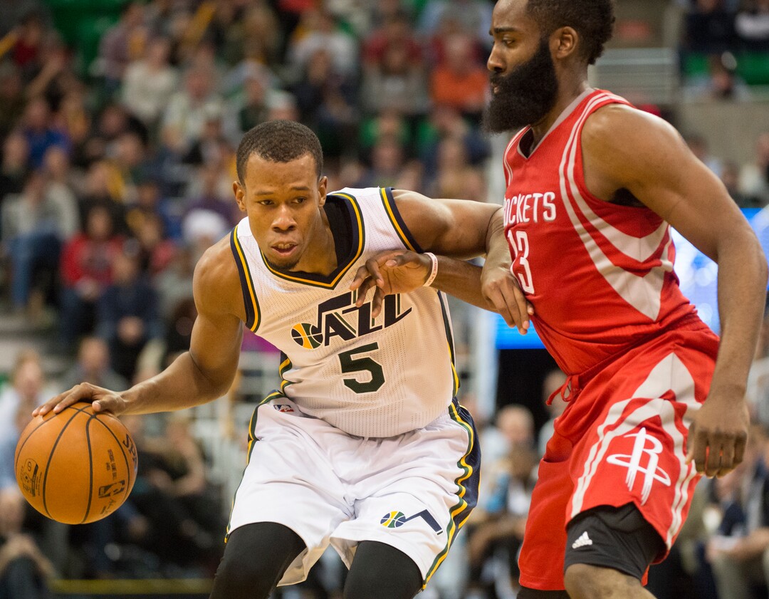 Rick Egan  |  The Salt Lake TribuneUtah Jazz guard Rodney Hood (5) makes a move, as Houston Rockets guard James Harden (13) defends, in NBA action, The Utah Jazz vs. The Houston Rockets, in Salt Lake City, Monday, January 4, 2016.