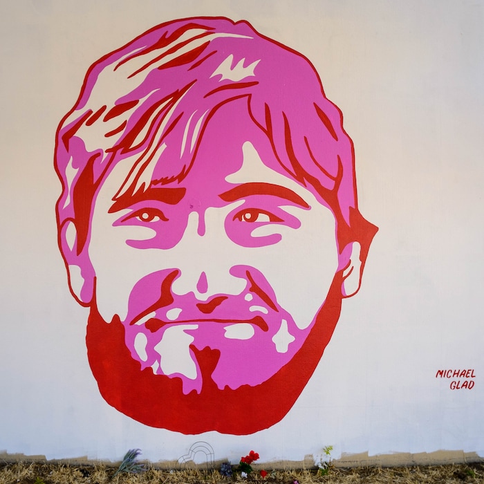 (Trent Nelson  |  The Salt Lake Tribune) Michael Glad appears on a series of murals depicting people killed by police, near 800 South and 300 West in Salt Lake City in July 2020.