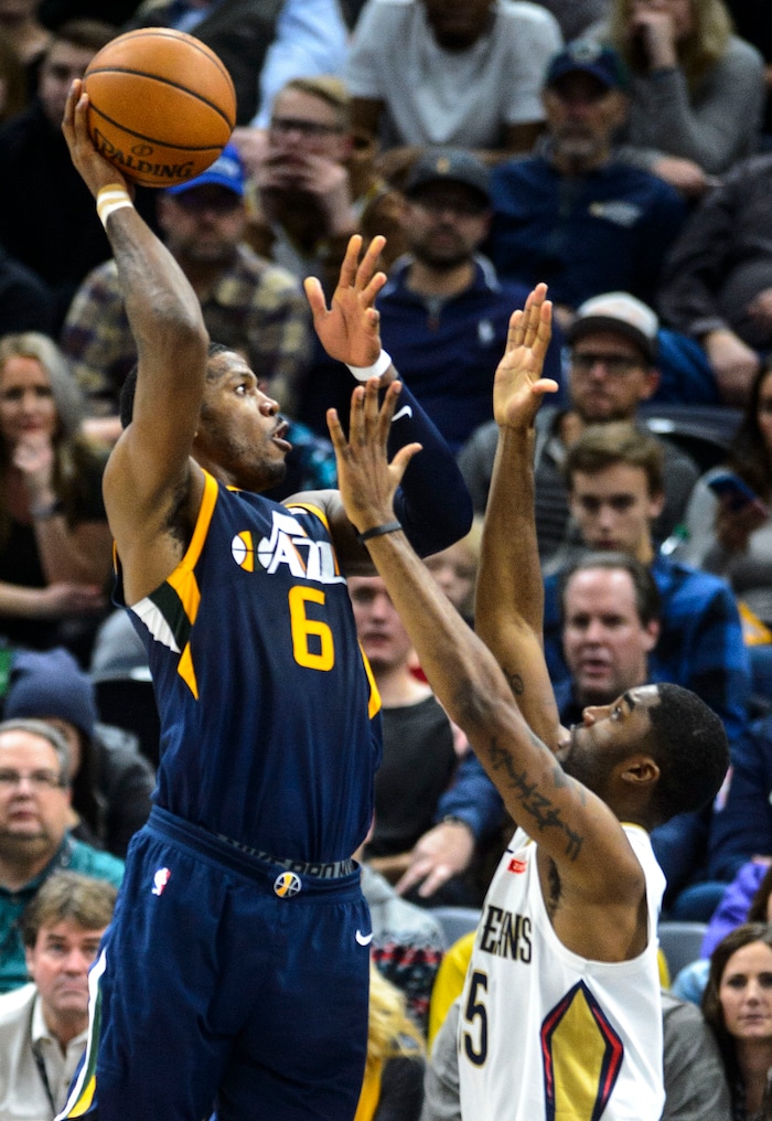 (Steve Griffin  |  The Salt Lake Tribune) Utah Jazz guard Joe Johnson (6) shoots over New Orleans Pelicans guard E'Twaun Moore (55) during the the Utah Jazz versus the New Orleans Pelicans NBA basketball game at the Vivint Smart Home Arena in Salt Lake City Wednesday January 3, 2018.