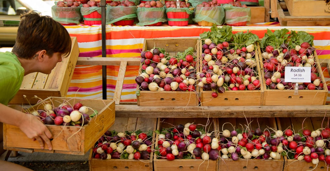 (Trent Nelson | The Salt Lake Tribune)Tamsin Clement stocks radishes for Orem's Wilkerson Farm at the opening day of the 2018 Downtown Farmers Market at Pioneer Park in Salt Lake City, Saturday June 9, 2018.