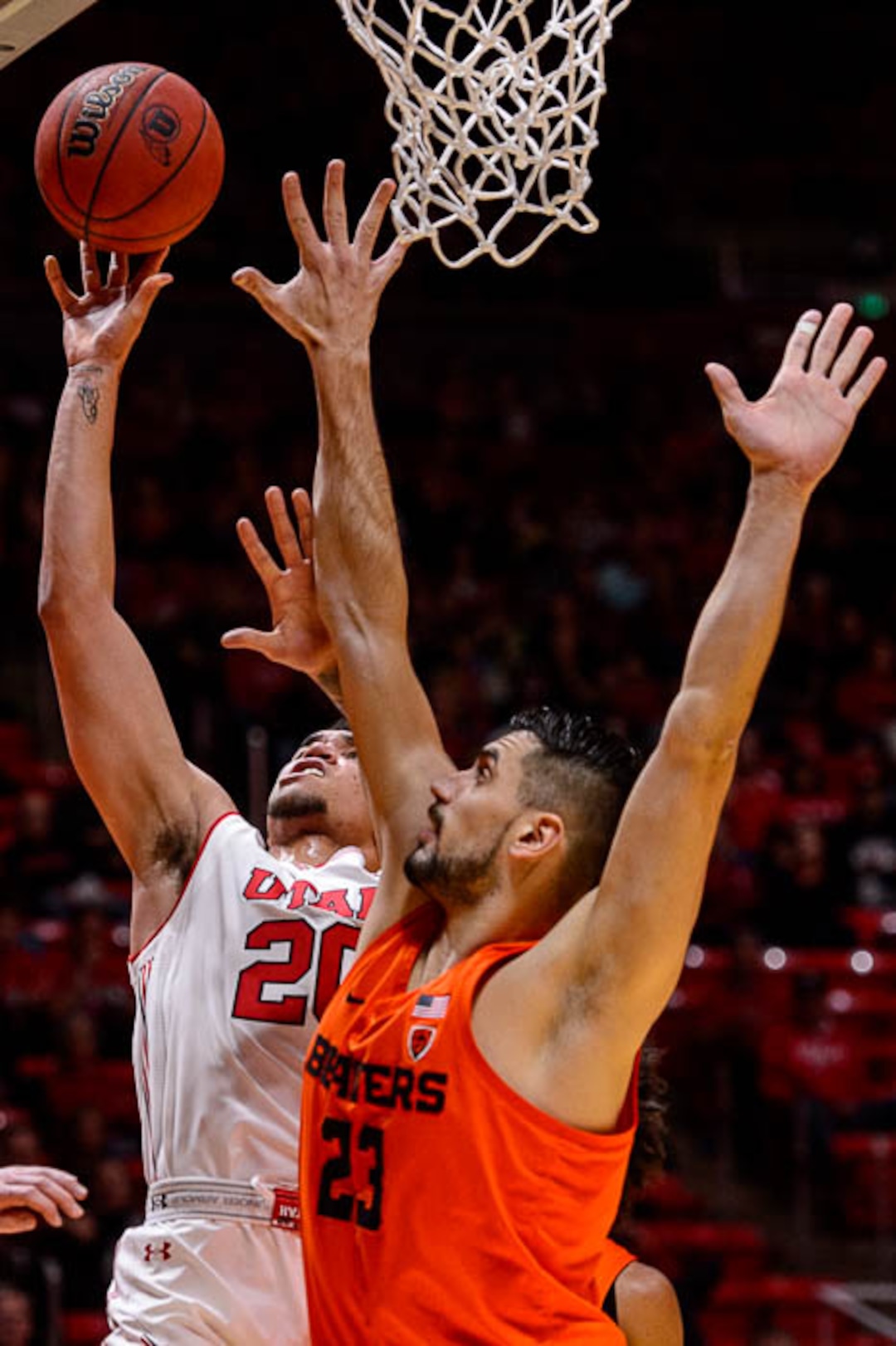 (Trent Nelson | The Salt Lake Tribune)  Utah Utes forward Timmy Allen (20) shoots, defended by Oregon State Beavers center Gligorije Rakocevic (23) as Utah hosts Oregon State, NCAA basketball in Salt Lake City on Saturday Feb. 2, 2019.