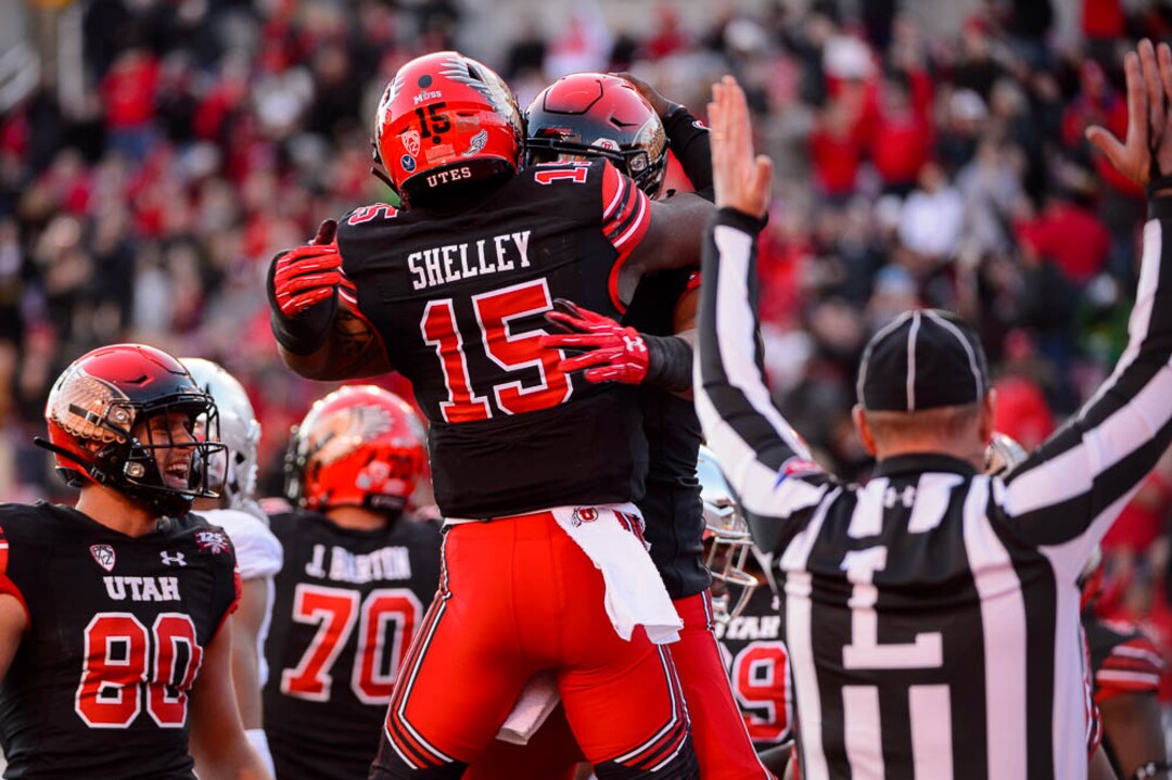 (Trent Nelson | The Salt Lake Tribune)  Utah Utes quarterback Jason Shelley (15) celebrates a touchdown. Utah Utes host the Oregon Ducks, NCAA football at Rice-Eccles Stadium in Salt Lake City on Saturday Nov. 10, 2018.