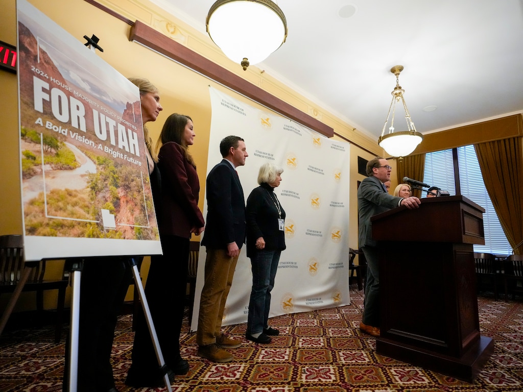 (Bethany Baker  |  The Salt Lake Tribune) House Majority Leader Jefferson Moss, R-Saratoga Springs, speaks during a press conference to discuss the Utah House GOP priorities for the 2024 legislative session at the Utah Capitol in Salt Lake City on Wednesday, Jan. 10, 2024.