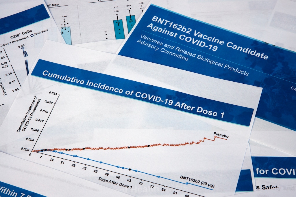 (Jon Elswick | AP) Documents created by Pfizer for the meeting with the Food and Drug Administration advisory panel, as Pfizer seeks approval for emergency use of their COVID-19 vaccine, are seen on Thursday, Dec. 10, 2020. The meeting of outside advisers to the Food and Drug Administration represented the next-to-last hurdle before the expected start of the biggest vaccination campaign in U.S. history. Depending on how fast the FDA signs off on the panel's recommendation, shots could begin within days.