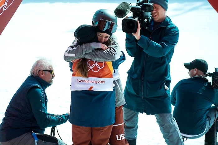 (Chris Detrick  |  The Salt Lake Tribune) Brita Sigourney of the United States and Annalisa Drew of the United States hug after the Ladies' Ski Halfpipe Final Run at Phoenix Park during the Pyeongchang 2018 Winter Olympics Tuesday, Feb. 20, 2018. 