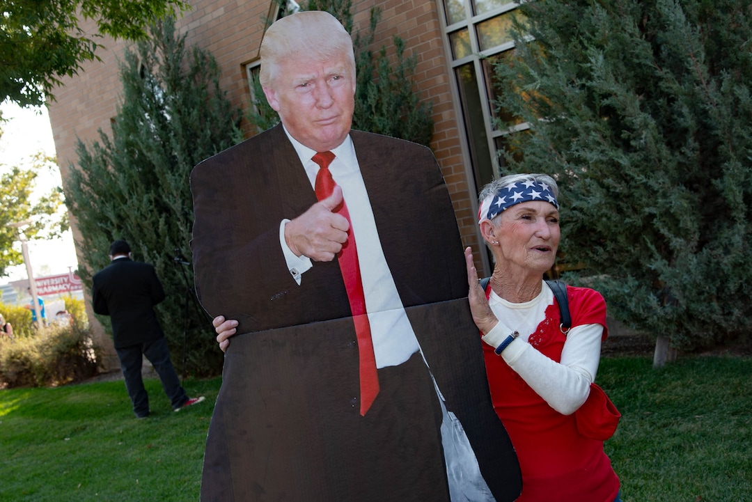 (Francisco Kjolseth  |  The Salt Lake Tribune) Maureen Sergeant of Holladay and other supporters of President Donald Trump rally outside of Kingsbury Hall on the University of Utah campus in Salt Lake City on Wednesday, Oct. 7, 2020, before the vice presidential debate.