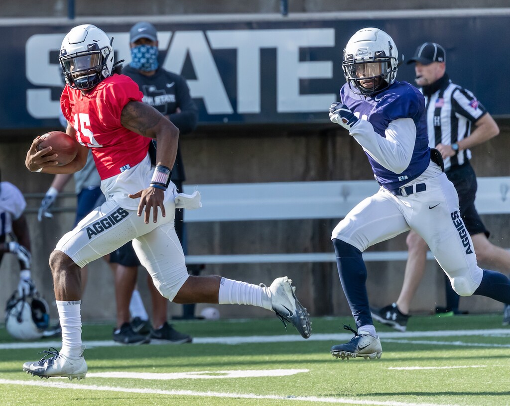 (Utah State Athletic Department).
Jason Shelley, a transfer from the University of Utah, made an effort to connect with his new teammates at Utah State prior to being named the Aggies' starting quarterback for their opener at Boise State on Oct. 24, 2020.