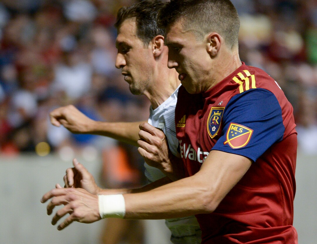 (Leah Hogsten  |  The Salt Lake Tribune) Real Salt Lake forward Tate Schmitt (21) battles Los Angeles FC defender Danilo Silva (6) as Real Salt Lake hosts Los Angeles Football Club in the fourth round of the Lamar Hunt U.S. Open Cup, June 11, 2019 at Rio Tinto Stadium in Sandy.
