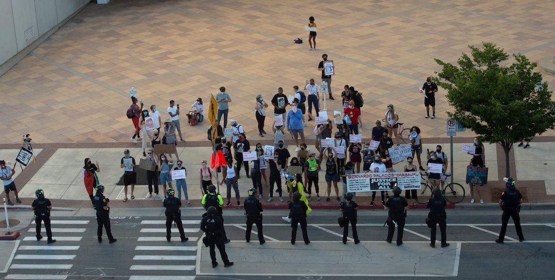 (Rick Egan  |  The Salt Lake Tribune) A small group of protesters chant as they face off with the Salt Lake City Police on 300 South during a Justice for Bernardo Palacios-Carbajal protest on Tuesday, June 23, 2020.