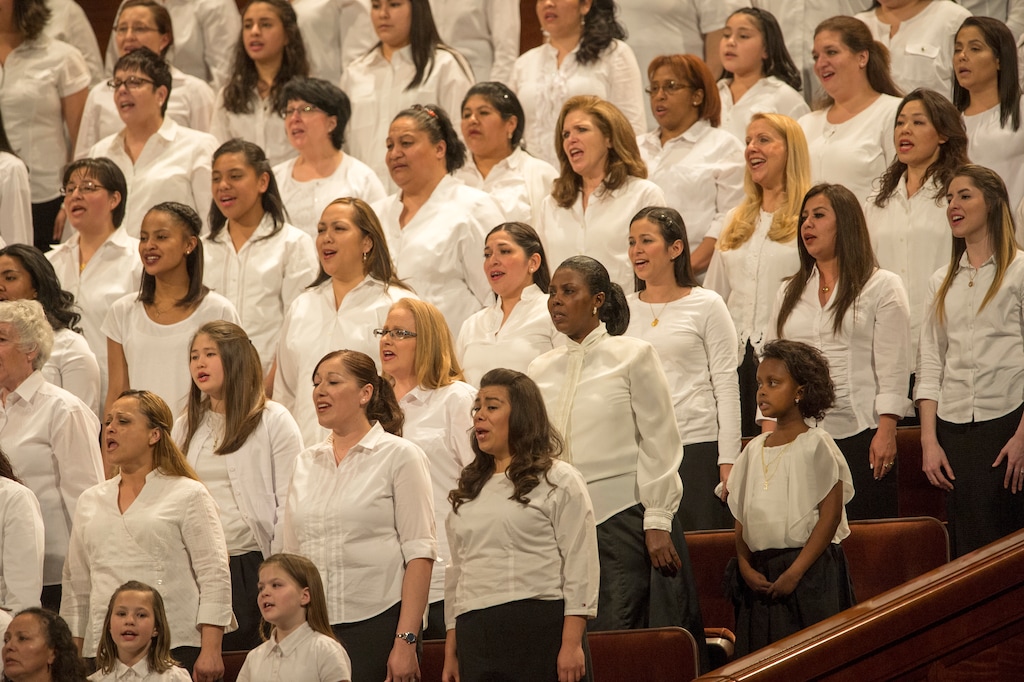 (Rick Egan  |  The Salt Lake Tribune)

A choir featuring members from more than 50 countries sing at the general women's session of the 186st Annual LDS General Conference, Saturday, March 26, 2016.