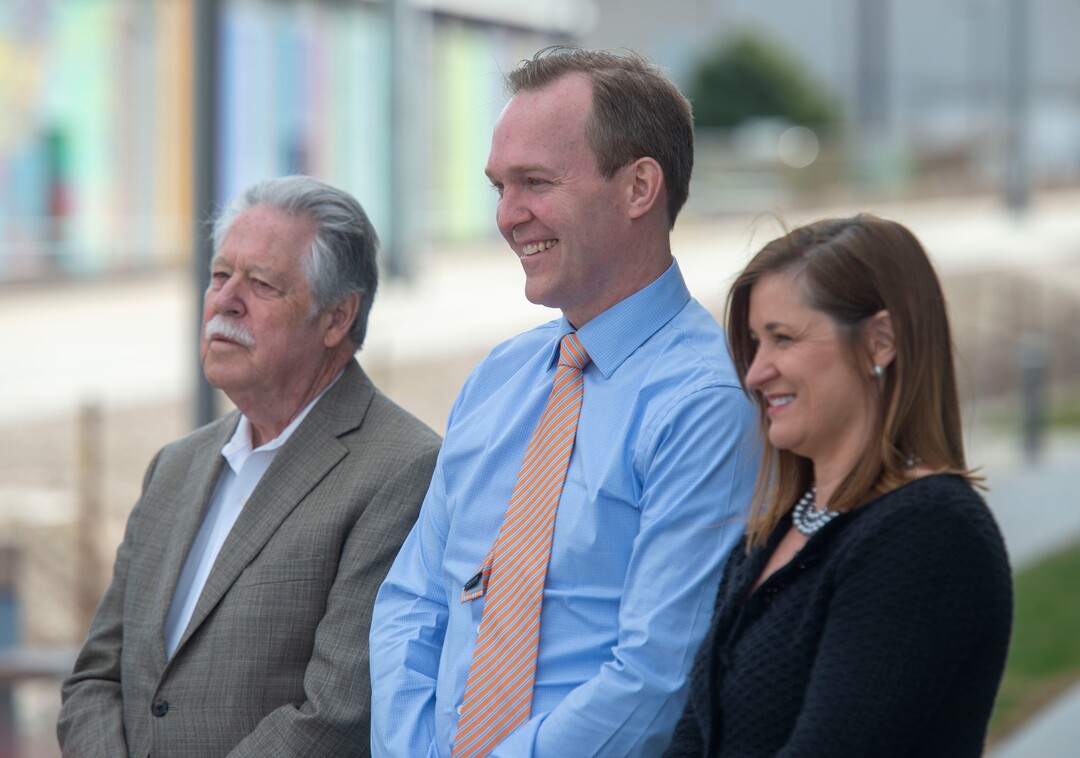 (Rick Egan  |  The Salt Lake Tribune)      Sen. Gene Davis, US Rep. Ben McAdams and Salt Lake County Mayor, Jenny Wilson,  listen to speakers as they celebrate the new double-track rail line for the S-Line Sugar House Streetcar, Friday, April 5, 2019.