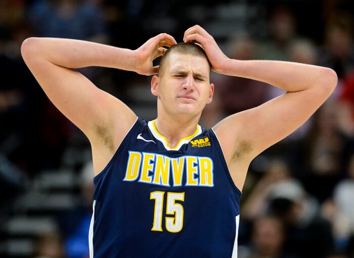 (Steve Griffin  |  The Salt Lake Tribune) Denver Nuggets center Nikola Jokic (15) grimmaces as the Nuggets misfire on a play during the Utah Jazz versus Denver Nuggets NBA basketball game at Vivint Smart Home Arena  in Salt Lake City Tuesday November 28, 2017.