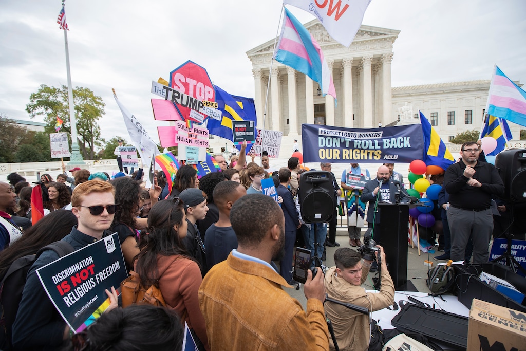 (Manuel Balce Ceneta | AP) LGBT supporters gather in front of the U.S. Supreme Court, Tuesday, Oct. 8, 2019, in Washington. The Supreme Court is set to hear arguments in its first cases on LGBT rights since the retirement of Justice Anthony Kennedy. Kennedy was a voice for gay rights while his successor, Brett Kavanaugh, is regarded as more conservative.