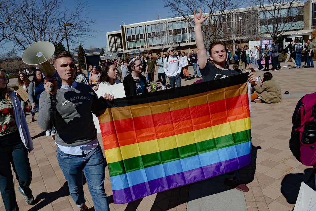 (Francisco Kjolseth  |  The Salt Lake Tribune) Ryan Jenks, left, and Kyle Broderick join the student protest outside the student center at Brigham Young University in Provo, Wednesday, March 4, 2020, after an official with The Church of Jesus Christ of Latter-day Saints issued a clarification to the school's Honor Code, which said that same-sex romantic behavior is still "not compatible" with the rules at BYU.
