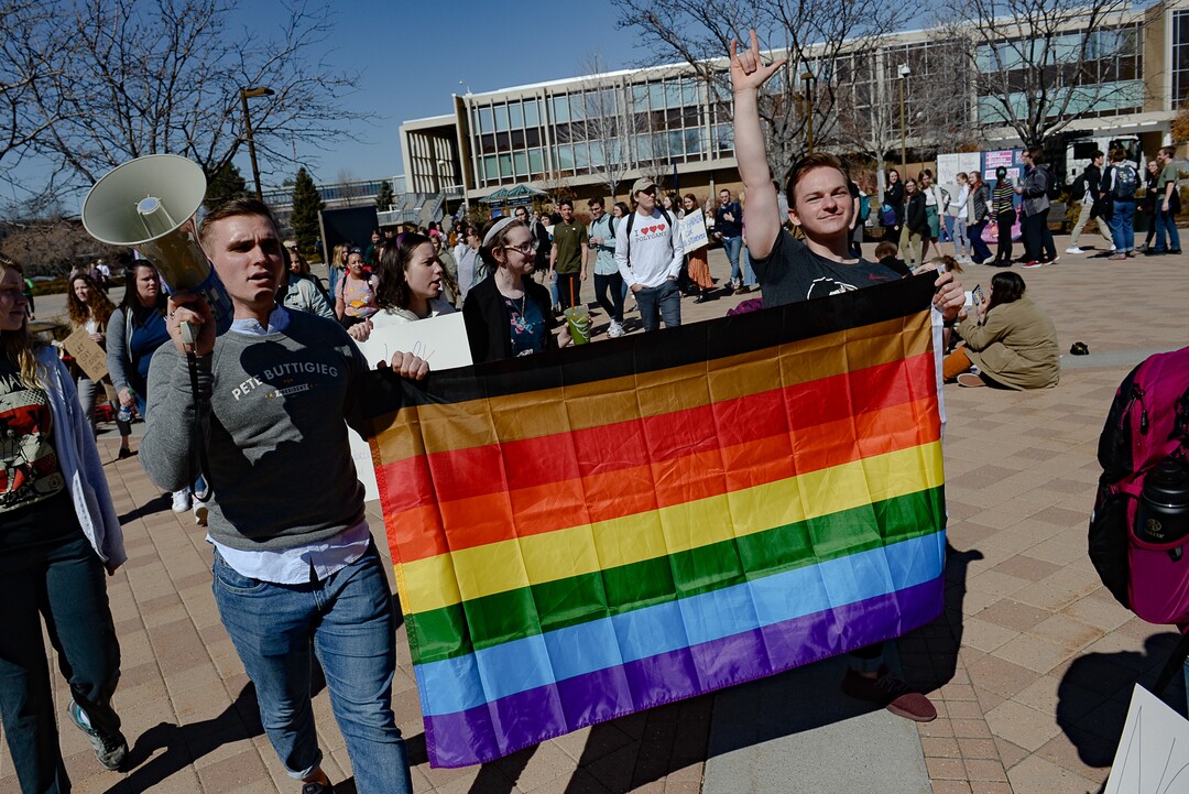 (Francisco Kjolseth  |  The Salt Lake Tribune) Ryan Jenks, left, and Kyle Broderick join the student protest outside the student center at Brigham Young University in Provo, Wednesday, March 4, 2020, after an official with The Church of Jesus Christ of Latter-day Saints issued a clarification to the school's Honor Code, which said that same-sex romantic behavior is still "not compatible" with the rules at BYU.