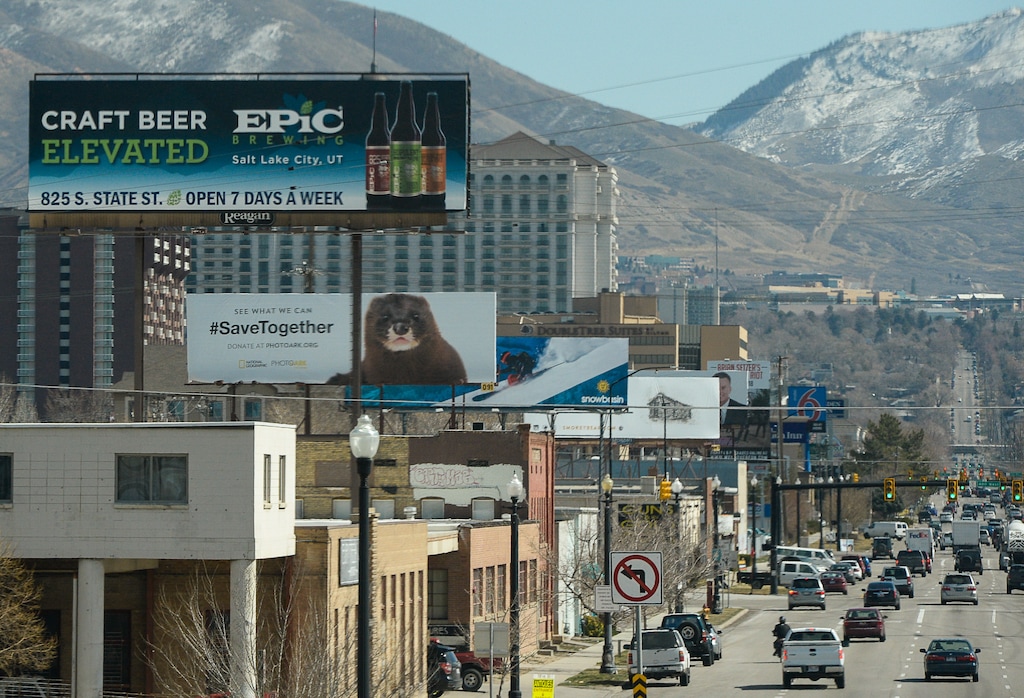 (Francisco Kjolseth  |  The Salt Lake Tribune)  Billboards are stacked along the 600 South offramp from I-15 in Salt Lake City on Tuesday, March 13, 2018.