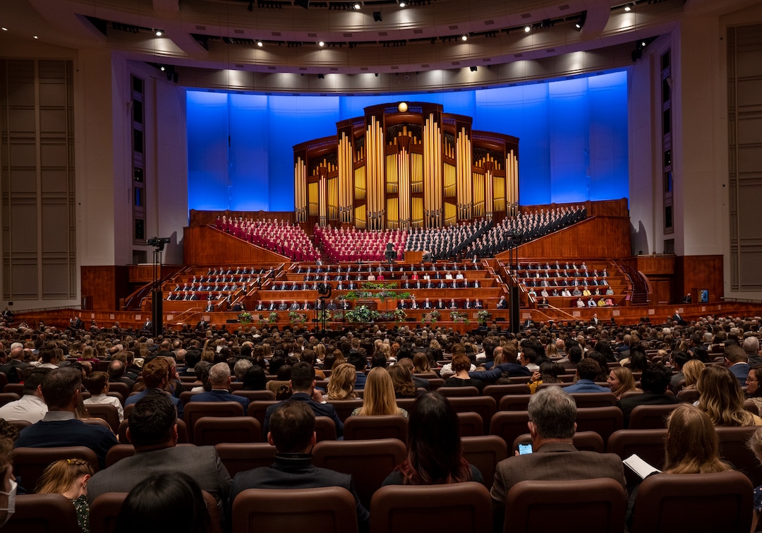 (Rick Egan | The Salt Lake Tribune) The Tabernacle Choir at Temple Square sings during the morning session of LDS General Conference at the Conference Center on Saturday, April 2, 2022.
