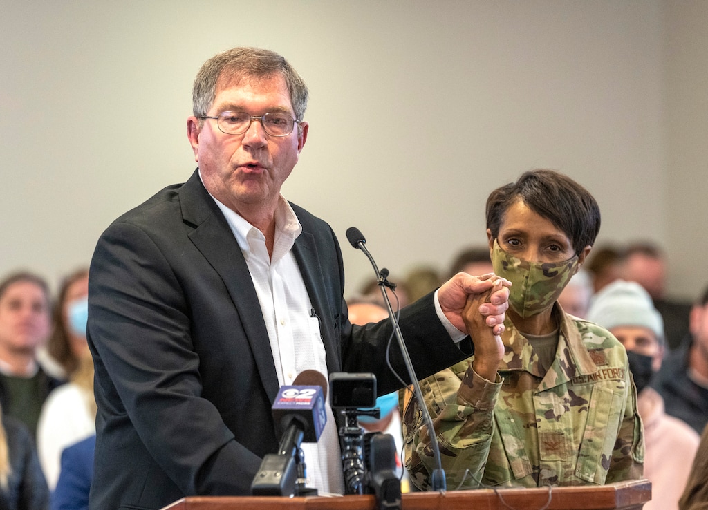 (Rick Egan | The Salt Lake Tribune) Davis County Commissioner Bob Stevenson introduces Hill Air Force Base Commander Col. Jenise M. Carrol of the 75th Air Base Wing, during a Davis School District board meeting on Tuesday, Jan. 4, 2022.