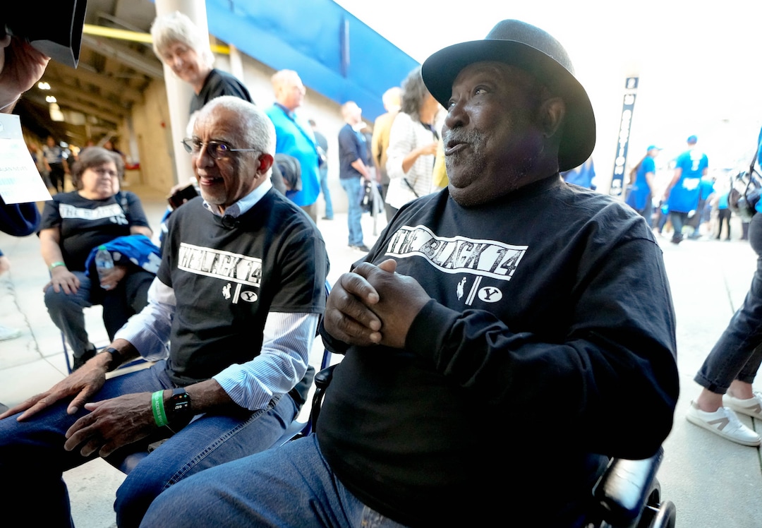 (Francisco Kjolseth | The Salt Lake Tribune)  John Griffin, left, and Mel Hamilton, both members of the “Black 14″ — a group of Wyoming football players who were kicked off their team in 1969 for planning to protest Church of Jesus Christ of Latter-day Saints’ policies during a game against BYU — are being honored this week in Provo. Ahead of the No. 19 Cougars’ matchup with the Wyoming Cowboys, the two will light the Y on the mountain above LaVell Edwards Stadium on Saturday night, Sept. 2022.