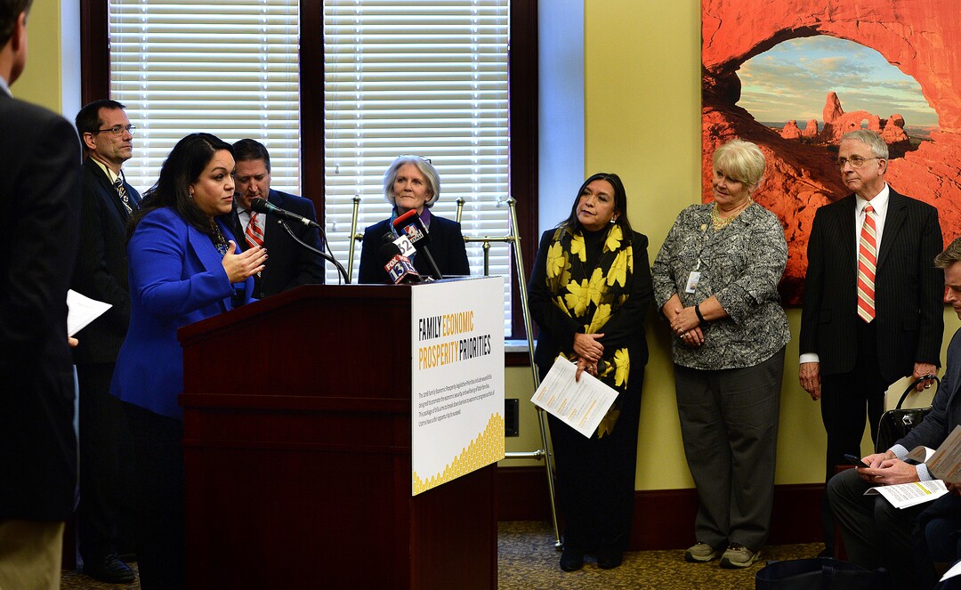 (Scott Sommerdorf   |  The Salt Lake Tribune)   Senator Luz Escamilla, D-Salt Lake, speaks during the Family Economic Prosperity Priorities press conference, Thursday, January 25, 2018.