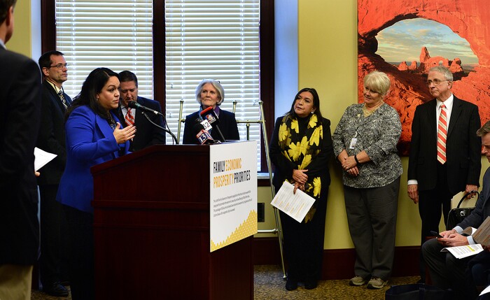 (Scott Sommerdorf   |  The Salt Lake Tribune)   
Senator Luz Escamilla, D-Salt Lake, speaks during the Family Economic Prosperity Priorities press conference, Thursday, January 25, 2018.