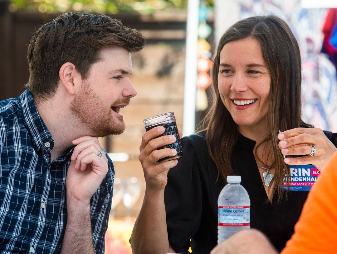 (Rick Egan  |  The Salt Lake Tribune)      Salt Lake City Mayor candidate Erin Mendenhall gives Chris Wharton a whiff of some jam, as they judge the jam competition at the Marmalade Jam Fest, Saturday, Sept. 21, 2019.