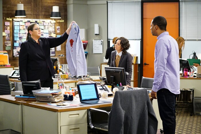 (Photo courtesy Sonja Flemming/CBS) Camryn Manheim as Ms. Meadows, Sara Gilbert as Cheryl, and Tony Rock as Vince in “Living Biblically.”