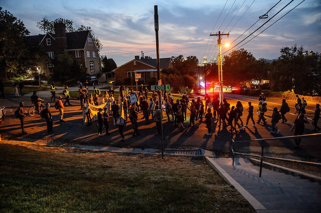 (Trent Nelson  |  The Salt Lake Tribune) Protesters march as Vice President Mike Pence and Sen. Kamala Harris prepare to debate at Kingsbury Hall in Salt Lake City on Wednesday, Oct. 7, 2020.