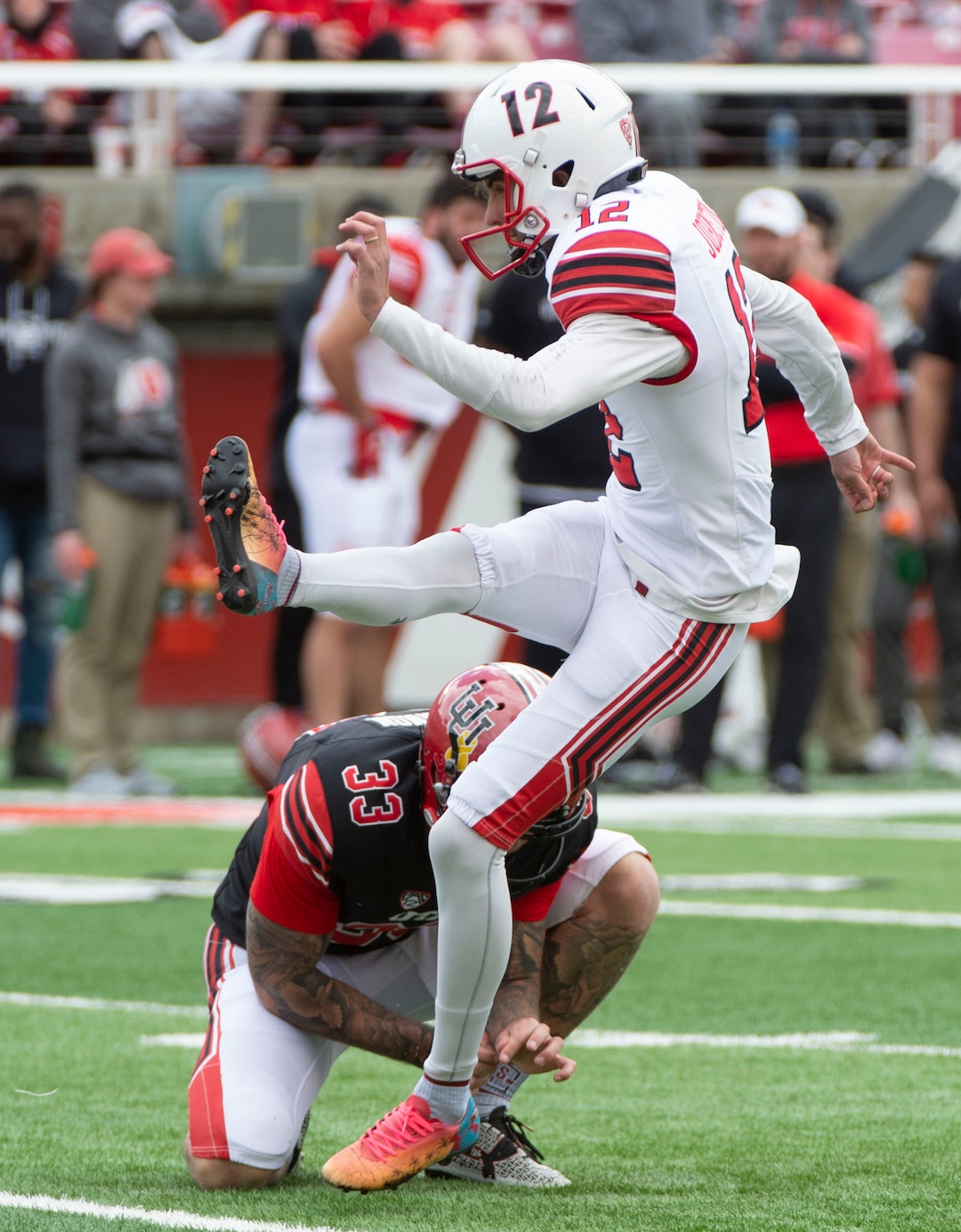 (Rick Egan  |  The Salt Lake Tribune)  Place kicker Chayden Johnston attempts a field goal, in Utah's spring Red-White game at Rice-Eccles Stadium, Saturday, April 13, 2019.