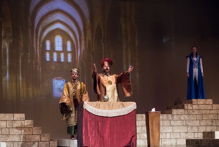 (Rick Egan  |  The Salt Lake Tribune) Daniel Lofgren as Artaban and John Philpott as Darius and Emily Wells as the Narrator rehearse "The Other Wise Man" on Nov. 27. The  musical, based on the Henry Van Dyke novella, opens Nov. 29, at Wasatch Jr. High.