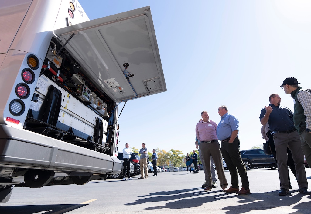 (Rick Egan | The Salt Lake Tribune) Participants check out the battery in an electric UTA bus, during a UTA electrification forum, on Friday, Sept. 23, 2022.