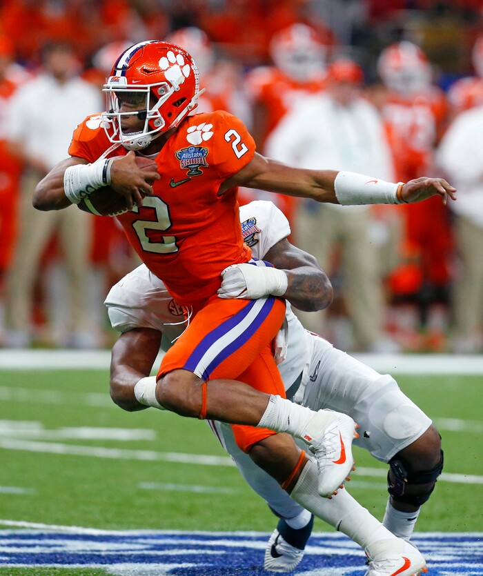 Clemson quarterback Kelly Bryant (2) is sacked by Alabama defensive lineman Da'Shawn Hand in the second half of the Sugar Bowl semi-final playoff game for the NCAA college football national championship, in New Orleans, Monday, Jan. 1, 2018. (AP Photo/Butch Dill)
