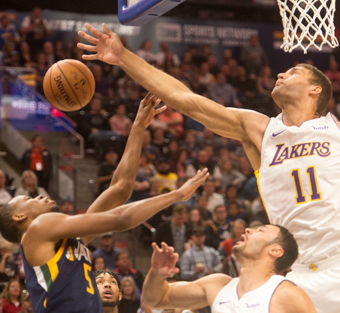 (Rick Egan  |  The Salt Lake Tribune)  Los Angeles Lakers center Brook Lopez (11), blocks a shot by Utah Jazz guard Rodney Hood (5), in NBA action, Utah Jazz vs. Los Angeles Lakers, in Salt Lake City, Saturday, October 28, 2017.
