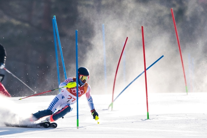 (Chris Detrick  |  The Salt Lake Tribune)  USA's Ted Ligety competes in the Men's Alpine Combined at Jeongseon Alpine Centre during the Pyeongchang 2018 Winter Olympics Tuesday, February 13, 2018.  Ligety finished in 5th place with a time of 2:07.97.